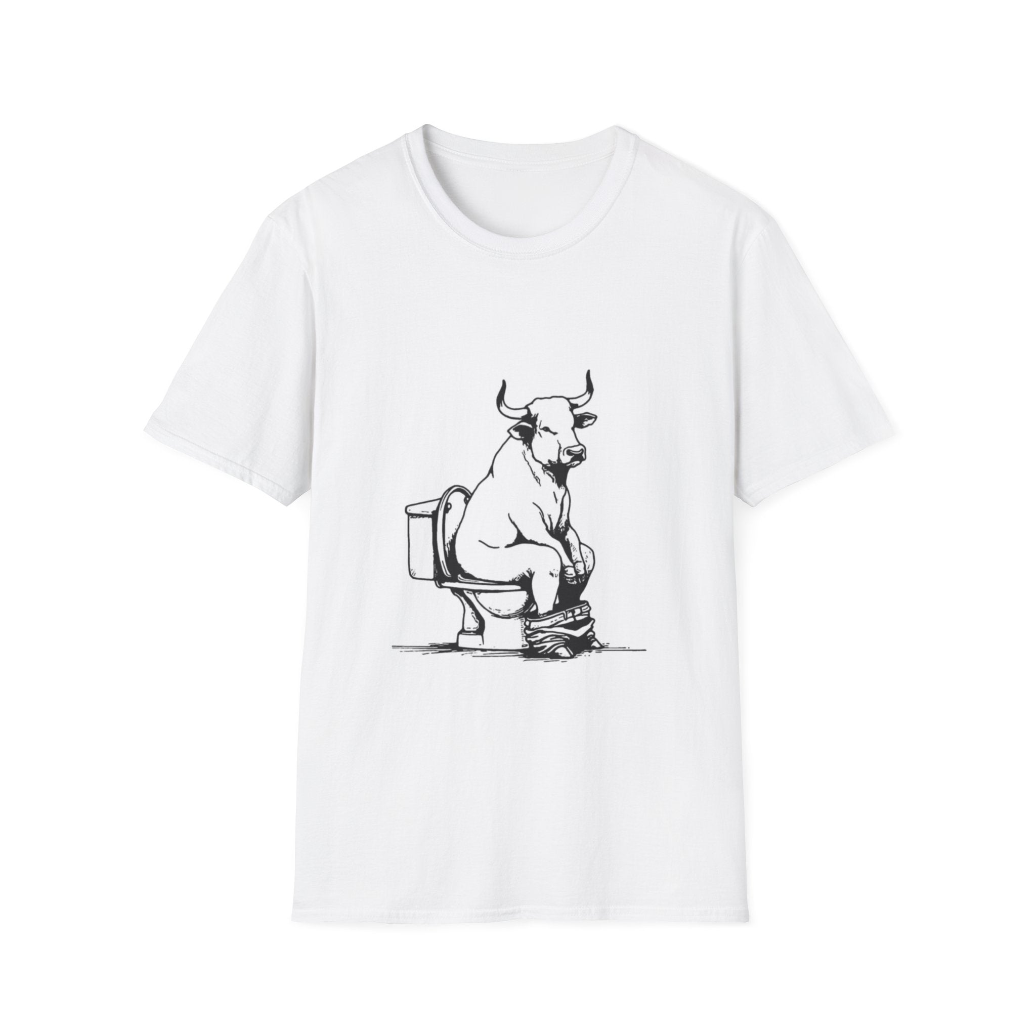 Bull on Toilet T‑Shirt — Funny Minimalist Cow Illustration Tee