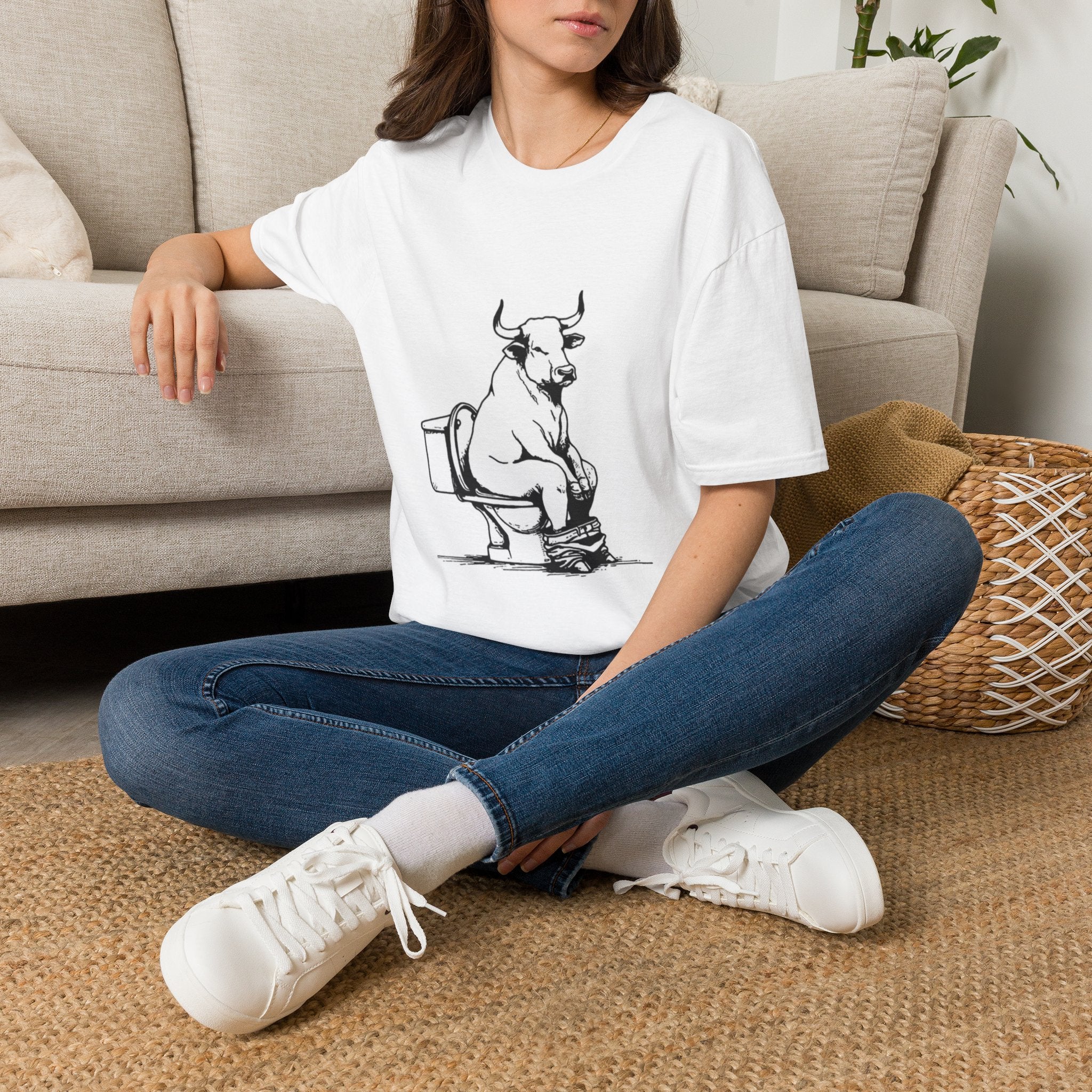 Bull on Toilet T‑Shirt — Funny Minimalist Cow Illustration Tee