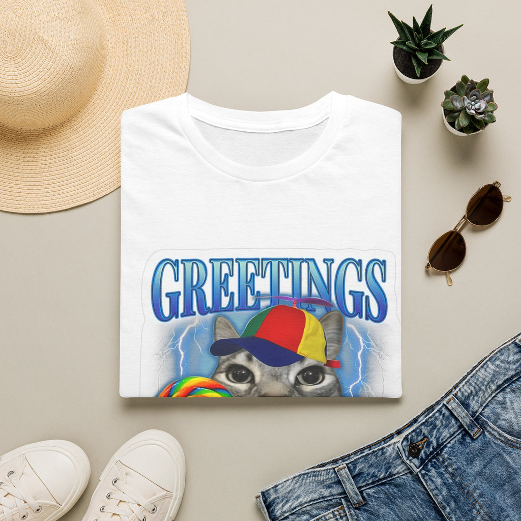 Greetings Huzzah Cat T-Shirt — Retro Rainbow Cap Cat Graphic Tee