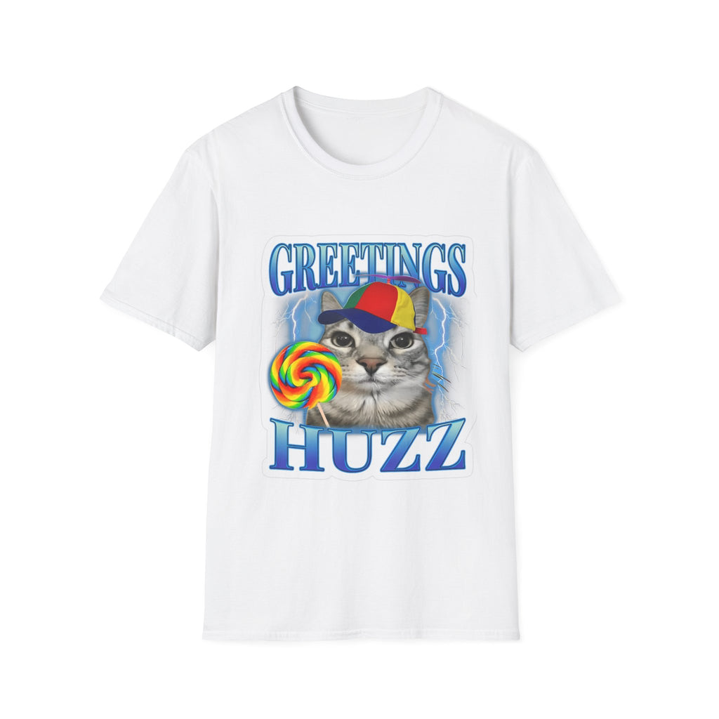 Greetings Huzzah Cat T-Shirt — Retro Rainbow Cap Cat Graphic Tee