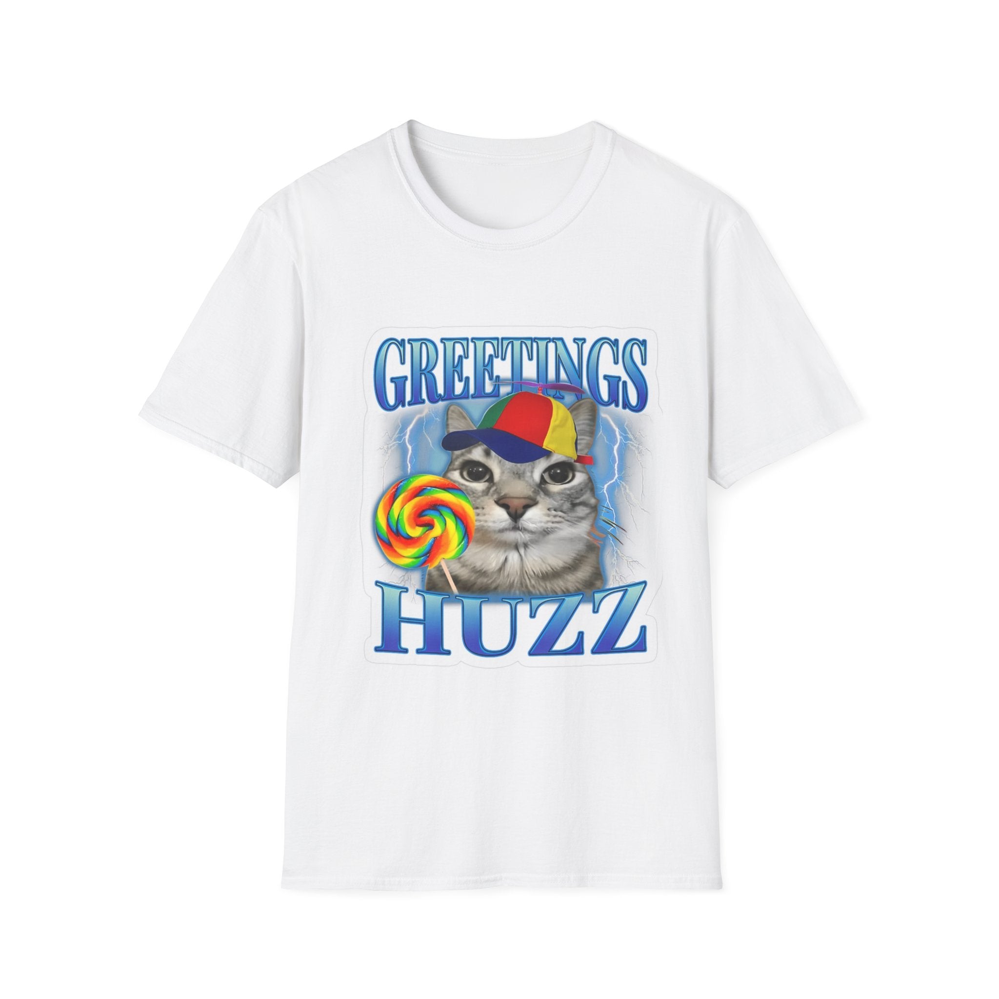 Greetings Huzzah Cat T-Shirt — Retro Rainbow Cap Cat Graphic Tee
