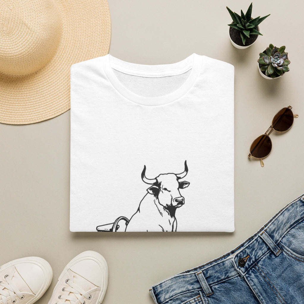 Bull on Toilet T‑Shirt — Funny Minimalist Cow Illustration Tee