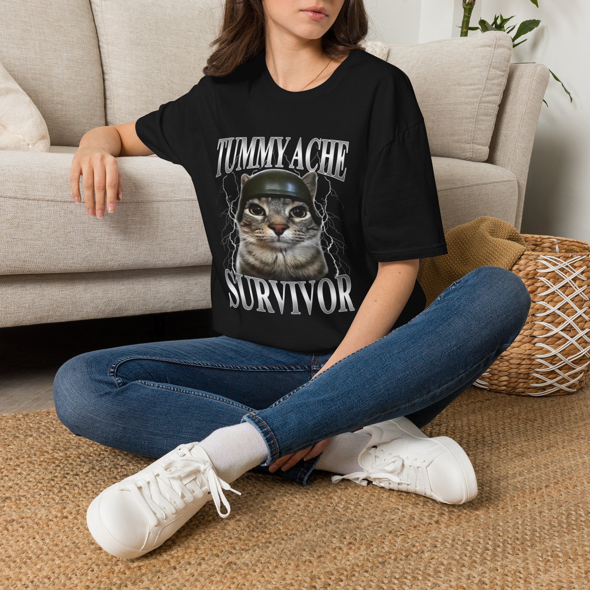 T-Shirt — "Tummy Ache Survivor" Cat Graphic Tee