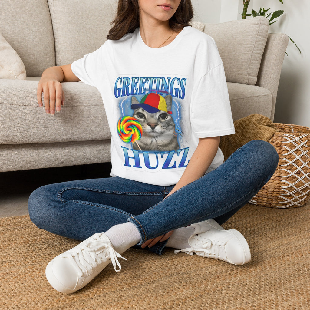 Greetings Huzzah Cat T-Shirt — Retro Rainbow Cap Cat Graphic Tee